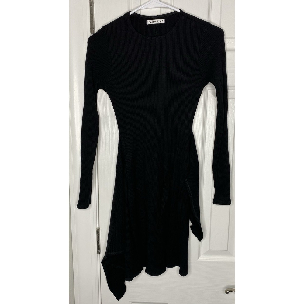 Reformation Women's Tie Asymmetric‎ Ribbed MIDI Dress Black Size Small
